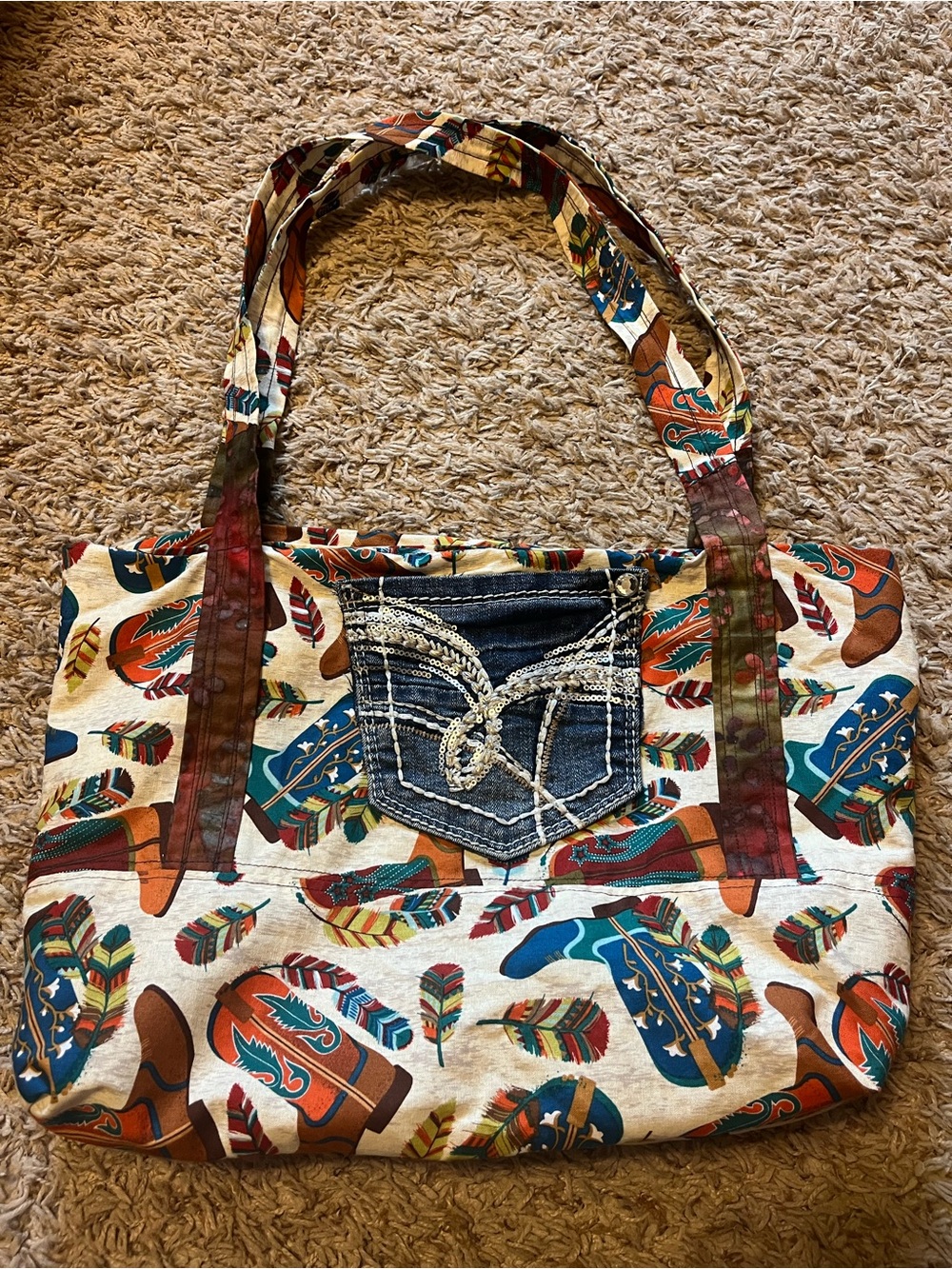 Boho Cowboy Print Tote Bag with Embellished Denim Pocket